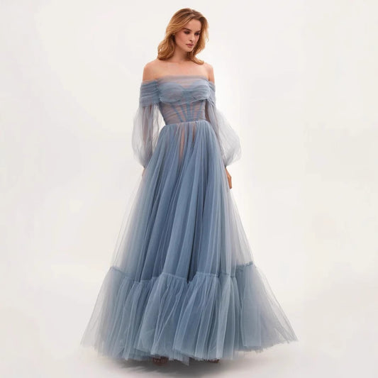 Women Elegant Mesh Off Shoulder Long Sleeve Party Dress in Solid Color