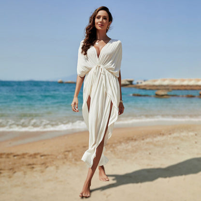 Women Fashion Sexy Cotton Solid Color Backless Swimsuit Cover-Up