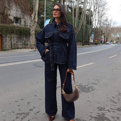 Conjunto de dos piezas de abrigo vaquero informal para mujer, pantalones con cordones y manga larga