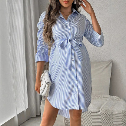 Vestido informal de manga larga con solapa y rayas para embarazadas