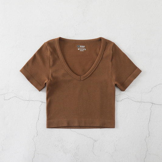 Camiseta de yoga informal de color liso con cuello en V para mujer