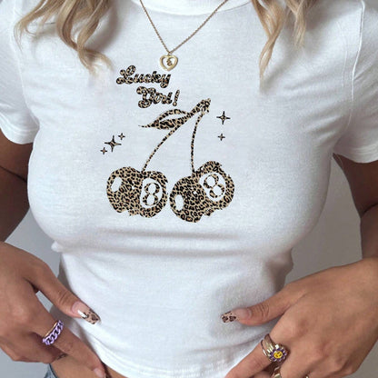 Women Fashion Sexy Cherry Print Short-Sleeve Slim-Fit T-Shirt