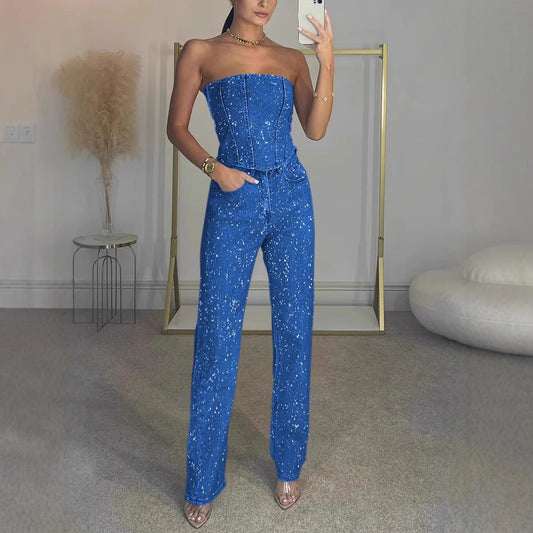 Women Fashion Sexy Solid Color Rhinestone Tube Top Set