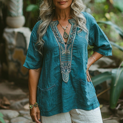 Blusa informal bohemia de lino transpirable con cuello en V para mujer