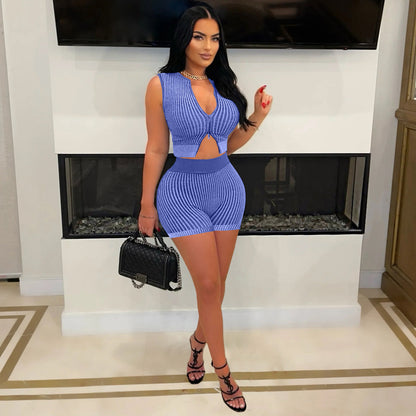 Women Fashion Sexy Stripe Knitted Two-Piece Set