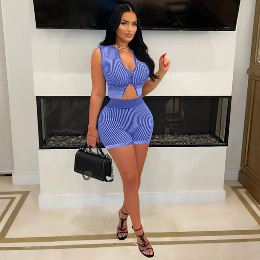 Women Fashion Sexy Stripe Knitted Two-Piece Set