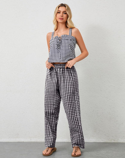 Women Casual Plaid Wide Leg Pocket Pants