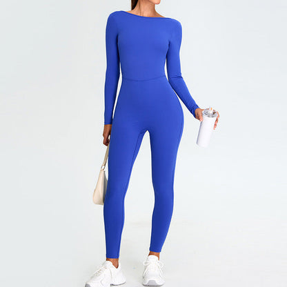 Women Fashion Solid Color Long-Sleeved Yoga Jumpsuits