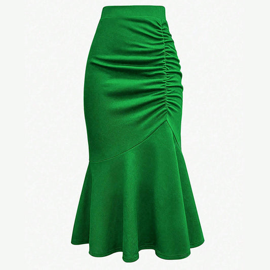 Women Casual Solid Color Pleated Fishtail Midi Skirt