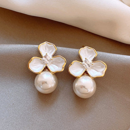 Boucles d'oreilles élégantes en strass et perles florales pour femmes, bijoux d'imitation