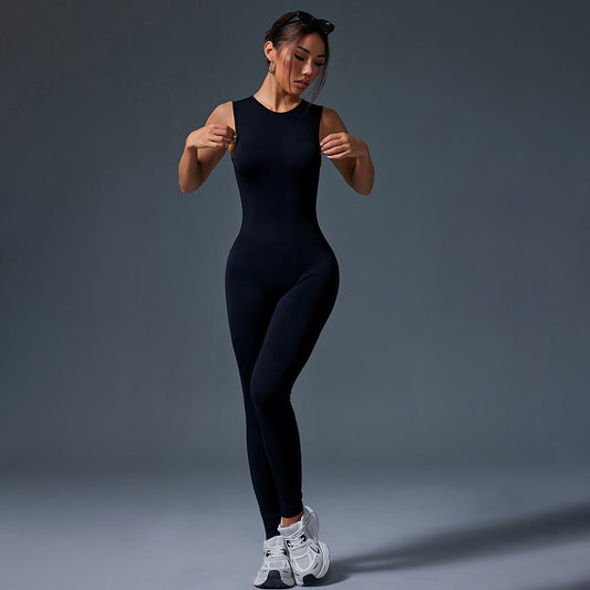 Women Fashion Solid Color Sleeveless Tight Yoga Jumpsuits