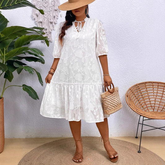 Elegant Plus Size Jacquard V-Neck Dress