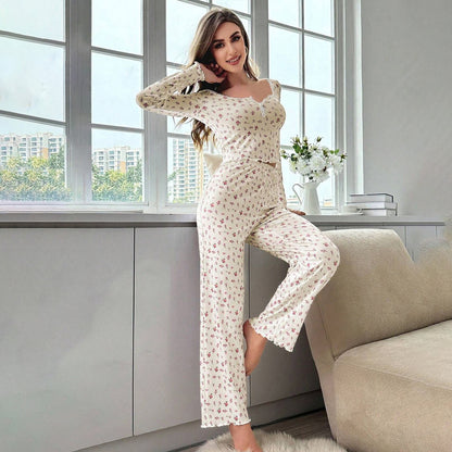 Women Casual Floral V-Neck Long Sleeve Pajama Set with Loose Pants