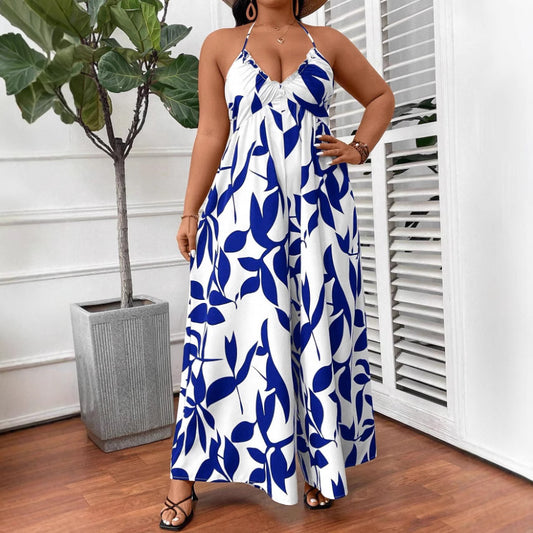 Women Fashion Casual Plus Size Printed Halter Neck Lace Up Jumpsuits in Polyester