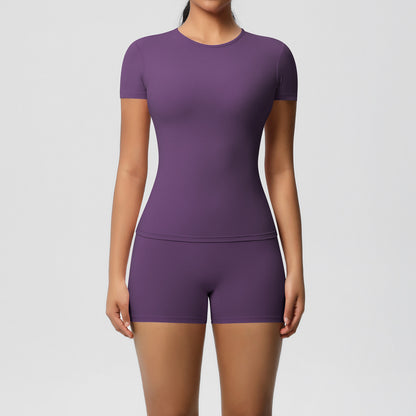 Ensemble de yoga décontracté pour femme, t-shirt à manches courtes et short moulant de couleur unie