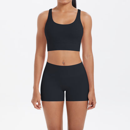 Women Casual Solid Color Tank Top and Tight Shorts Two-Piece Set for Yoga and Sports
