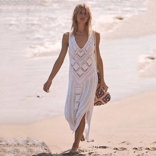 Women Fashion Casual Solid Color Knitted Sleeveless Swimsuit Cover-Ups