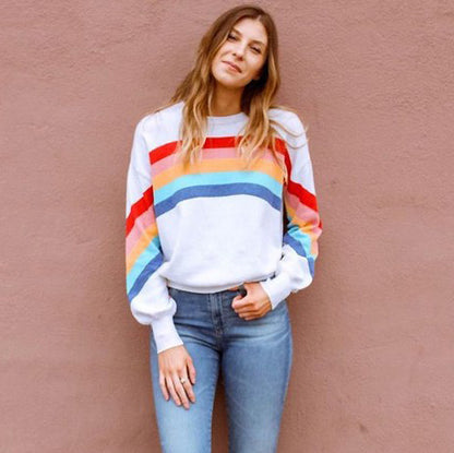 Sudadera informal de manga larga con rayas arcoíris para mujer
