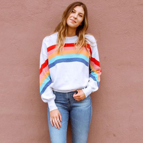 Women Fashion Casual Rainbow Stripe Long Sleeve Sweatshirt