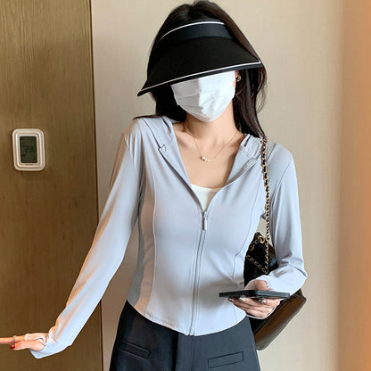 Chaqueta con capucha y cremallera de poliéster de color sólido informal para mujer
