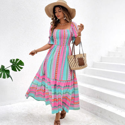 Robe décontractée imprimée à manches courtes et col carré pour femme