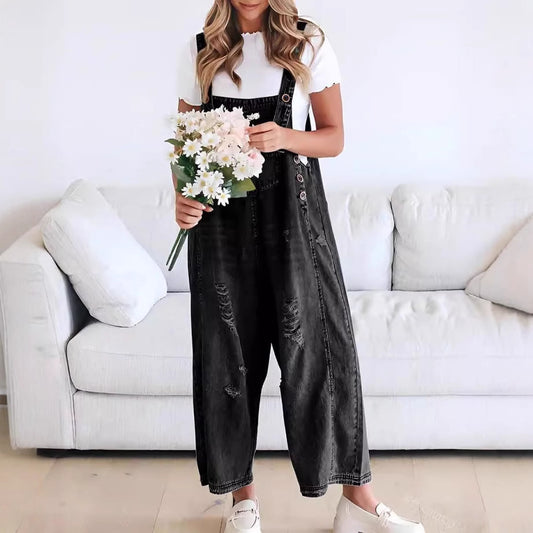 Women Retro Casual Ripped Wide Leg Denim Jumpsuits