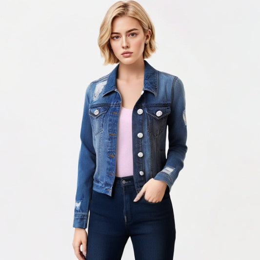Women Fashion Casual Ripped Laspel Long-Sleeve Denim Jacket