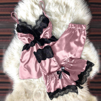 Sexy Women Solid Color Satin Lace Patchwork Pajamas Set