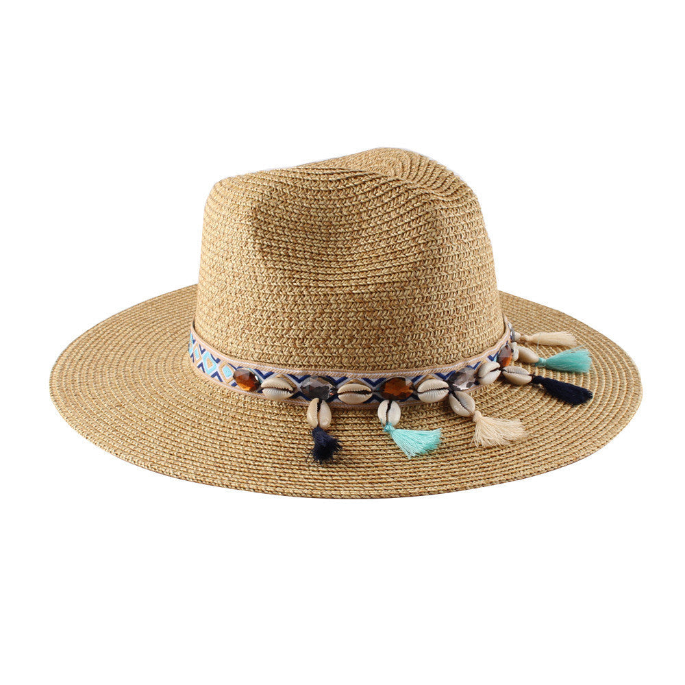 Sombrero bohemio de paja tejida de verano para mujer con borlas