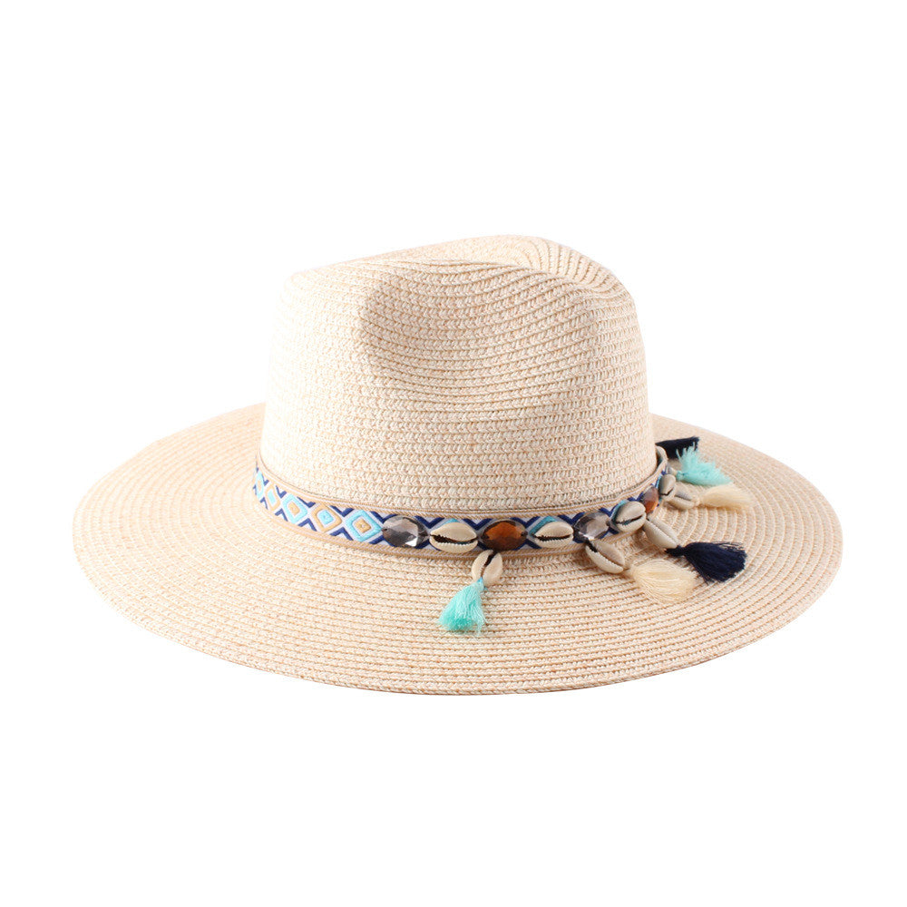 Sombrero bohemio de paja tejida de verano para mujer con borlas