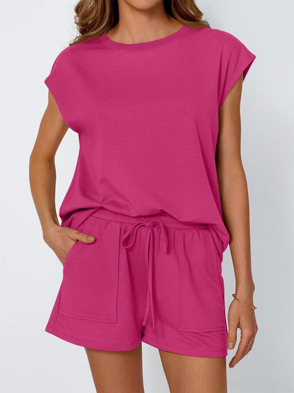 Conjunto informal de dos piezas para mujer, color liso, cuello redondo y manga corta