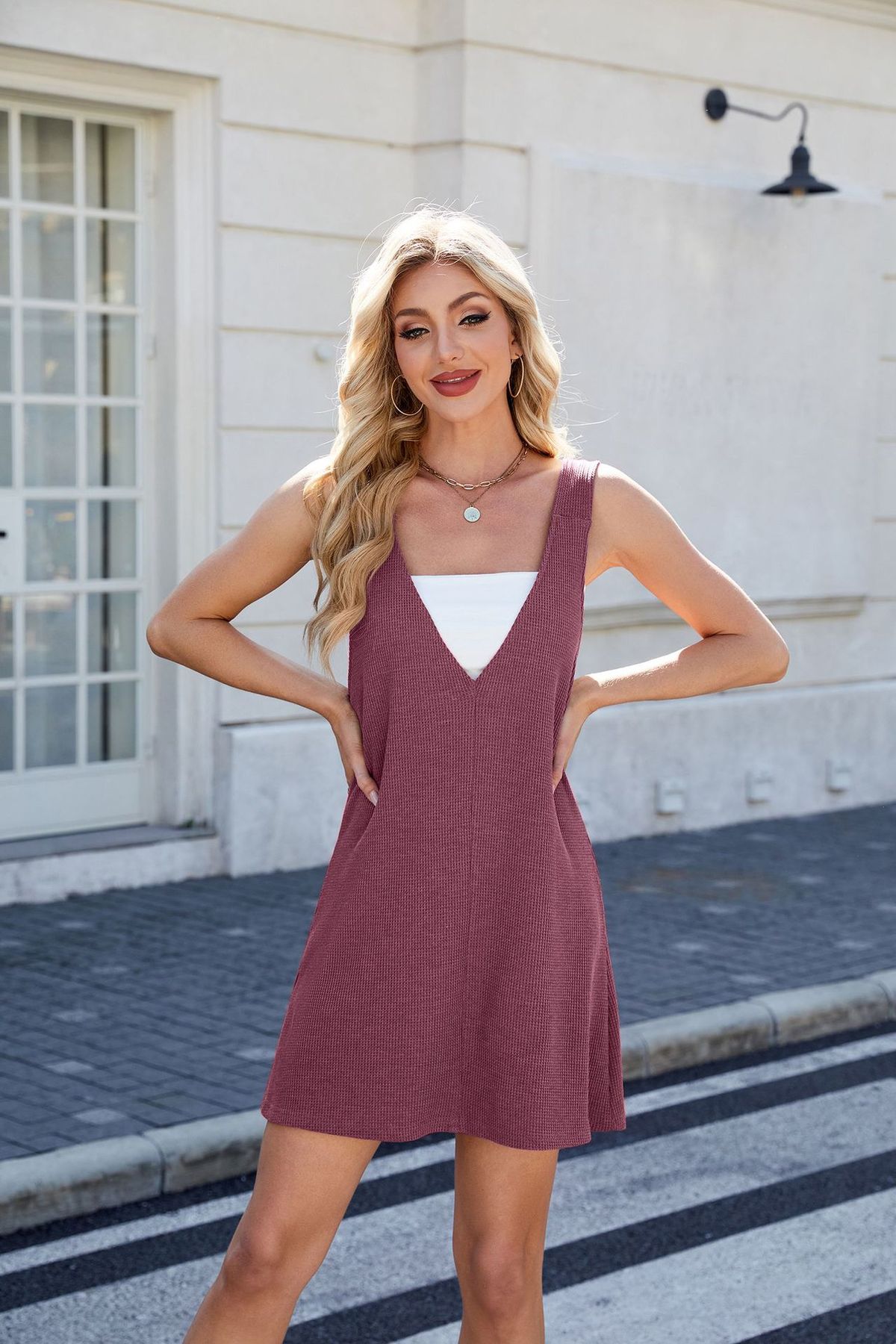 Vestido midi informal sin mangas con escote en V para mujer en rayón y poliéster