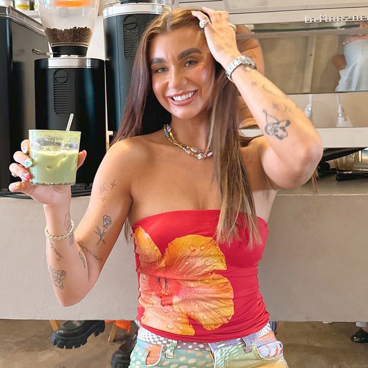 Women Fashion Sexy Floral Print Tub Crop Top Polyester Spandex Street Style