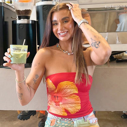 Women Fashion Sexy Floral Print Tub Crop Top Polyester Spandex Street Style
