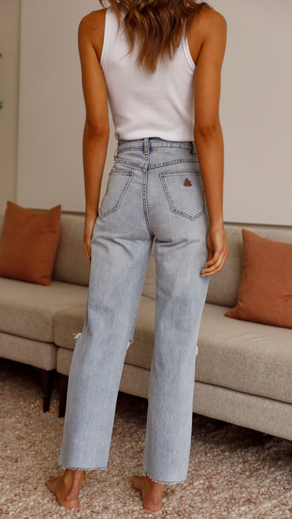 Women Fashion Casual Straight High Waist Ripped Jeans