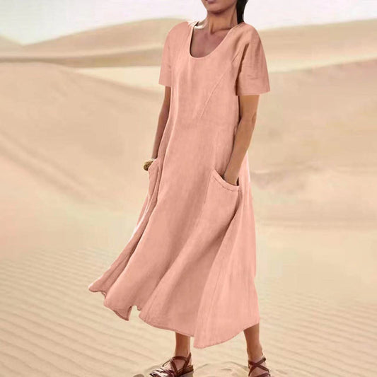Women Casual Solid Color Cotton Linen Dress