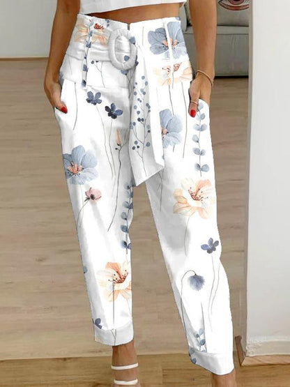 Pantalones casuales de lino con estampado floral de color liso de verano para mujer