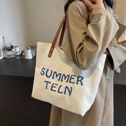 Women Fashion Embroidered Letter Canvas Tote Bag with Zipper