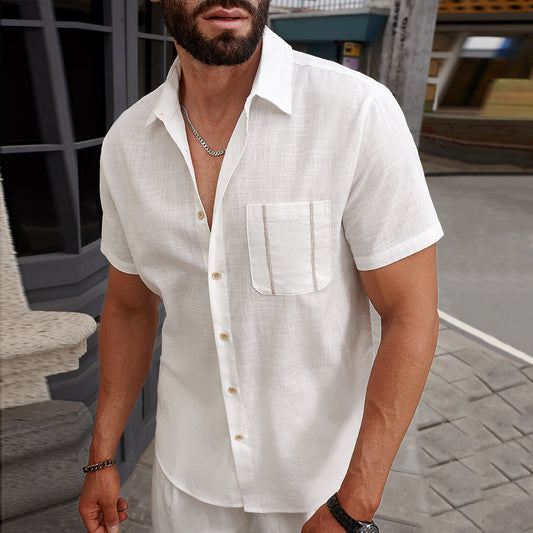 Camisa transpirable de manga corta de algodón blanco con solapa para hombre