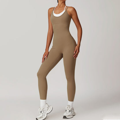 Women Fashion Fake Two-Piece Contrast Color Yoga Jumpsuit
