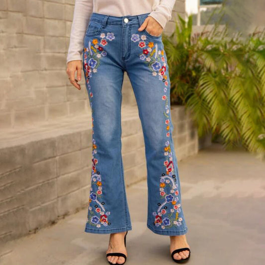 Women Fashion Retro Floral Embroidered Flared Jeans