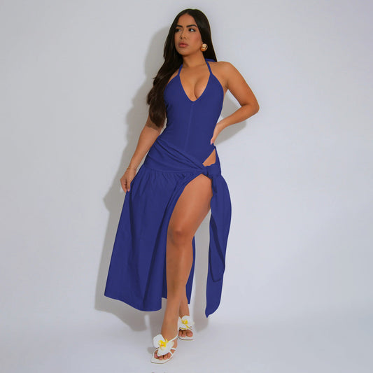 Sexy Solid Color Halter-Neck Bodysuit Set