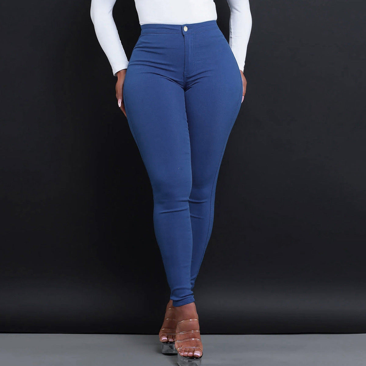 Women Fashion Solid Color Mid-Waist Tight Jeans
