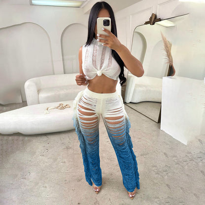 Women Fashion Sexy Contrast Color Hollow-Out Crop Top and Tassel Pants Two-Piece Set