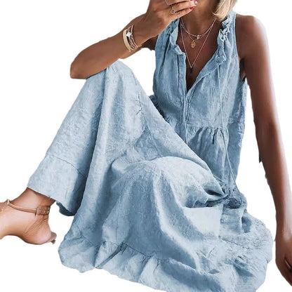 Vestido informal de lino y algodón de color liso para mujer