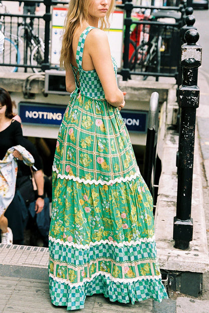 Women Fashion Printed Lace Sleeveless Backless Loose Dress