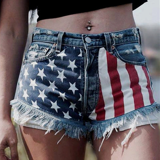 Women Fashion Casual American Flag Denim Shorts