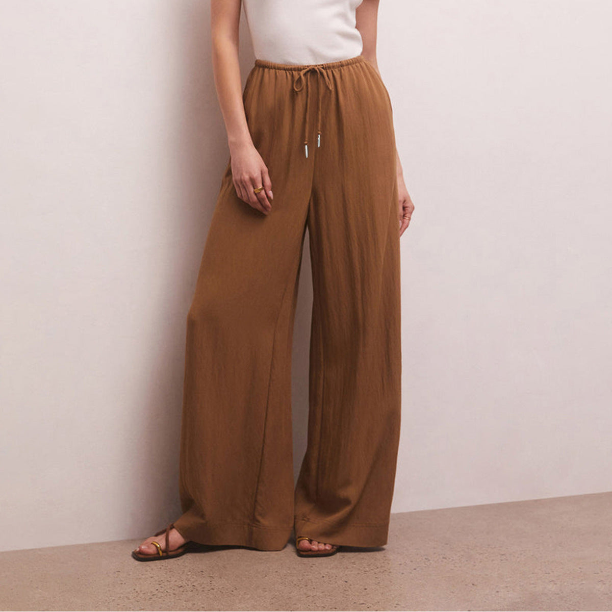 Women Fashion Casual Solid Color Linen Wide-Leg Pants
