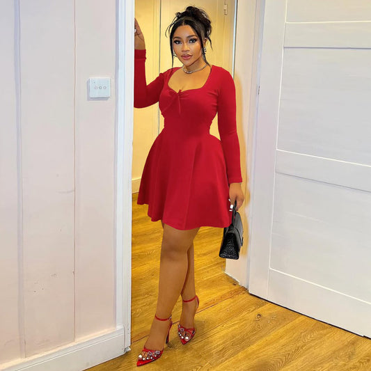 Women Fashion Casual Solid Color Plus Size Long Sleeve Dress