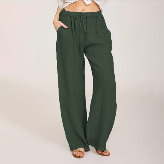 Pantalones casuales de algodón y lino de color sólido para mujer
